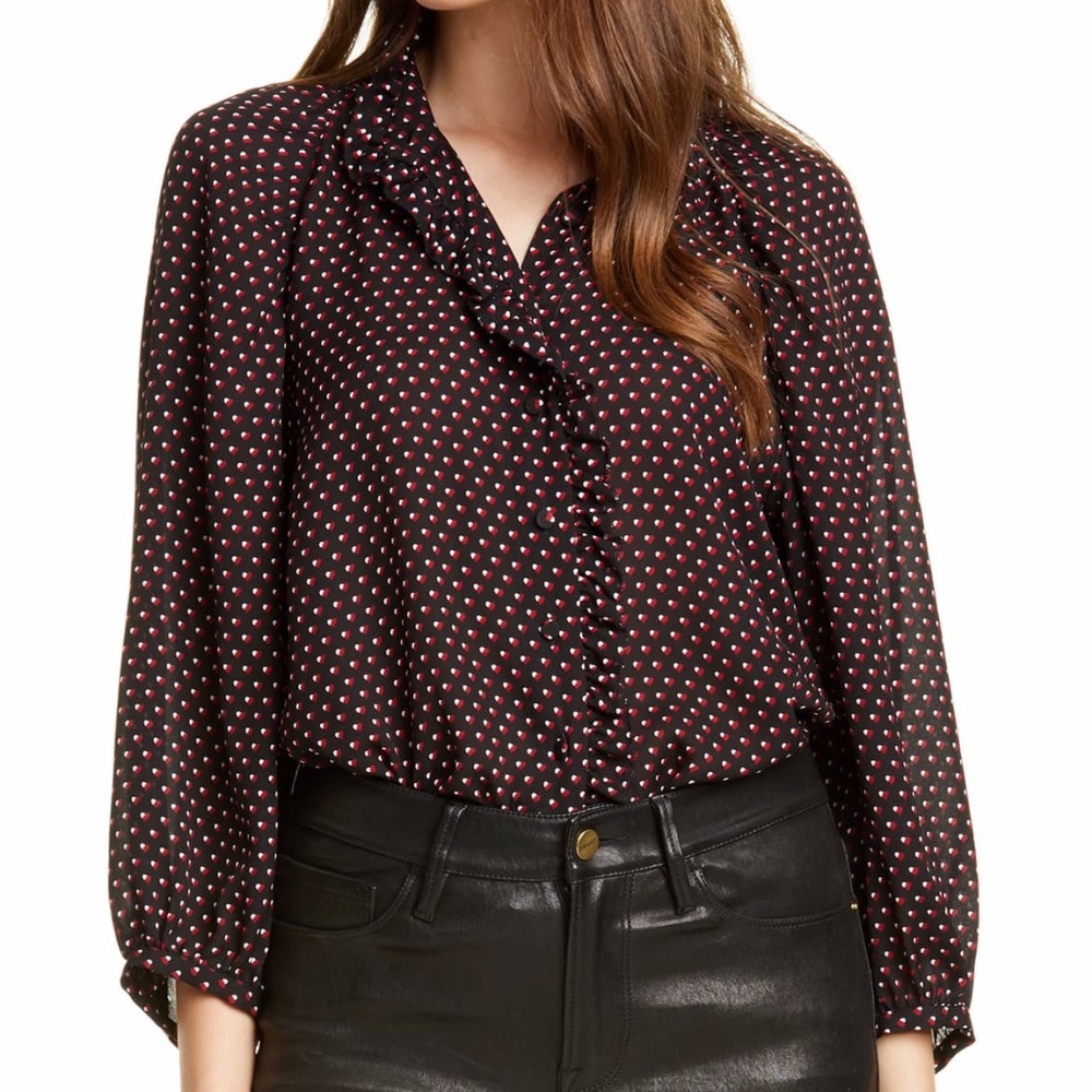 NWT FRAME Grace Heart Print Ruffle Trim Silk Top